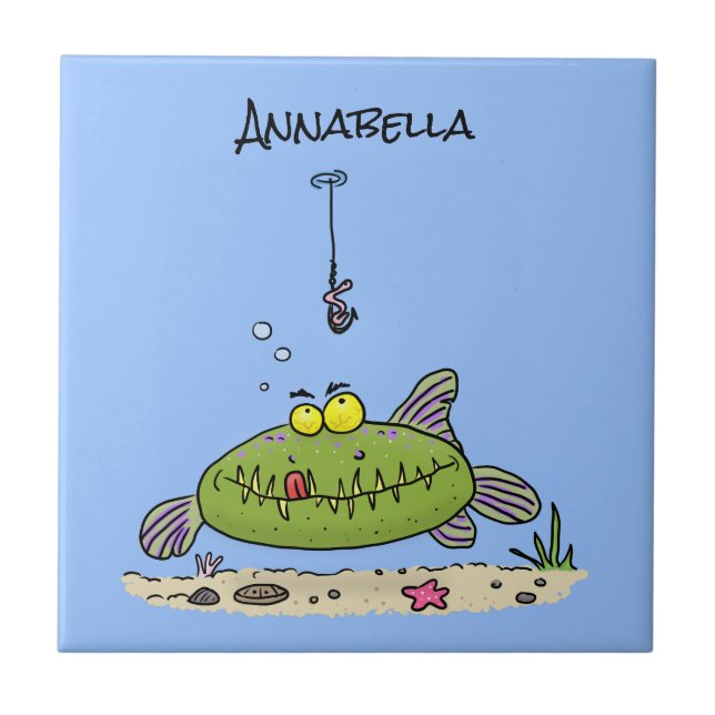 Funny fat hungry green fish fishing cartoon tile (Front)