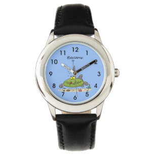 Funny fat hungry green fish fishing cartoon watch