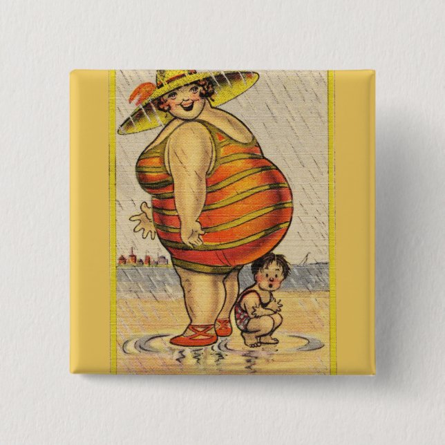 Funny Fat Lady on Beach 2 Inch Square Button (Front)