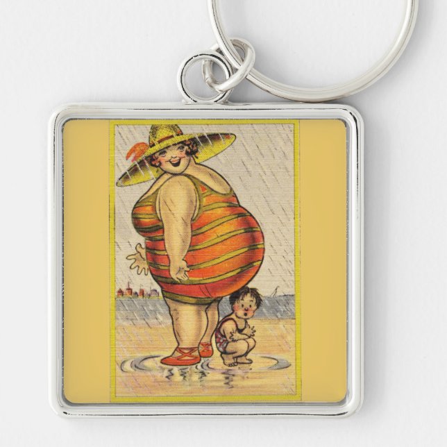 Funny Fat Lady on Beach Keychain (Front)