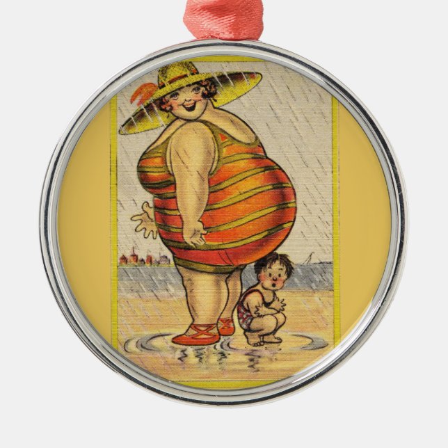 Funny Fat Lady on Beach Metal Ornament (Front)