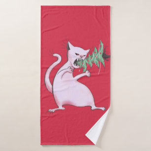Funny Fat White Cat Eats Christmas Tree Bath Towel