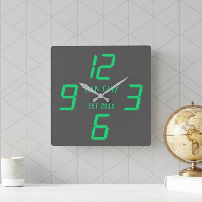 Funny Faux Retro Digital Custom Black Square Wall Clock (This clock is a conversation starter for any space, truly one-of-a-kind.)