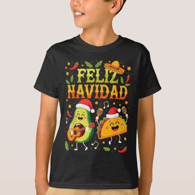 Funny Feliz Navidad Avocado Tacos Mexican Christma T-Shirt (Front)