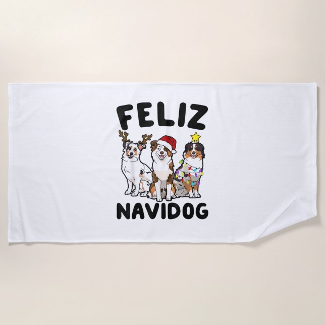 Funny Feliz Navidog Australian Shepherd dog lover  Beach Towel (Front)