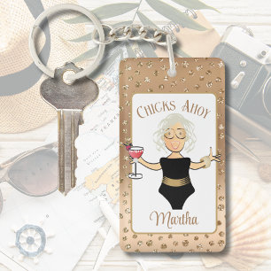 Funny Female Cartoon Grey Hair Cruise Tropical Keychain