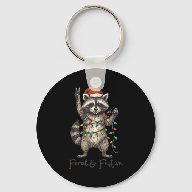 Funny Feral And Festive Raccoon Santa Hat Retro Ch Keychain (Front)