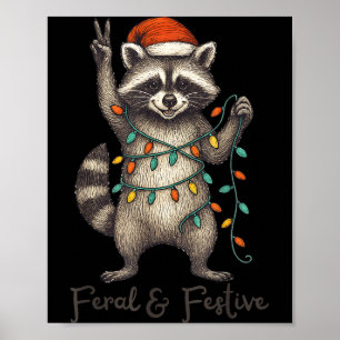 Funny Feral And Festive Raccoon Santa Hat Retro Ch Poster