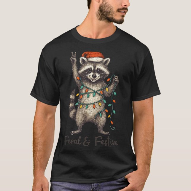 Funny Feral And Festive Raccoon Santa Hat Retro Ch T-Shirt (Front)