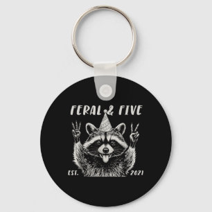 Funny Feral and Five Raccoon 5th Birthday Girls Keychain