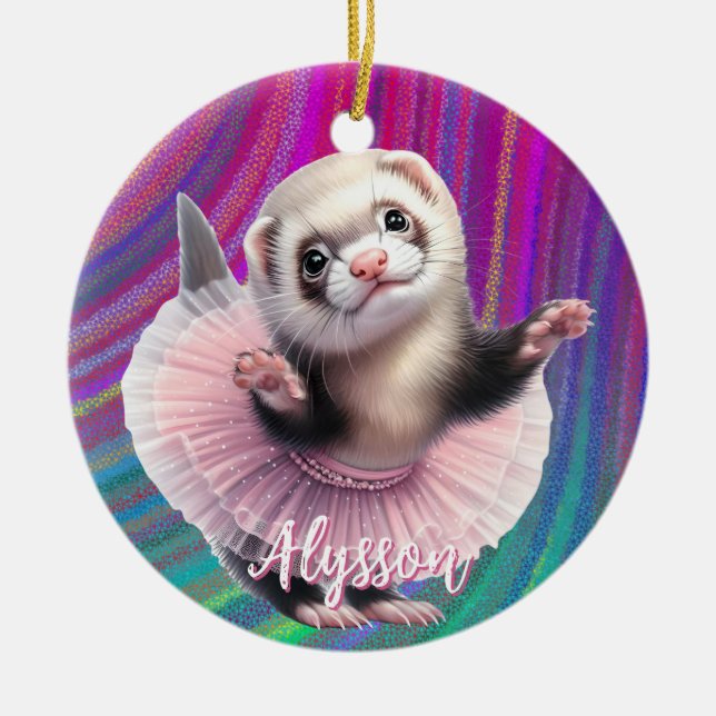 Funny Ferret in a Tutu Doing Ballet Ceramic Ornament (Front)