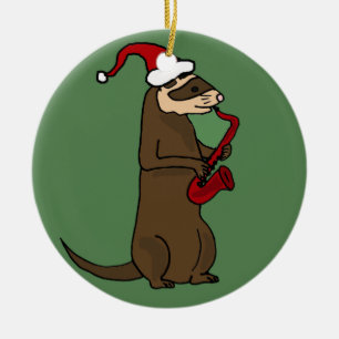 Funny Ferret Playing Saxophone Christmas Art Ceramic Ornament