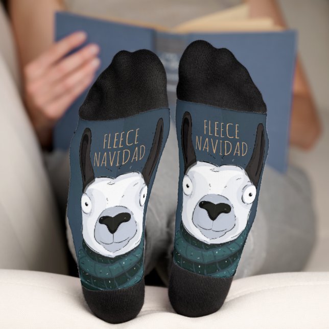 Funny Festive “Fleece Navidad” Llama Blue Grey  Socks (Bottom)