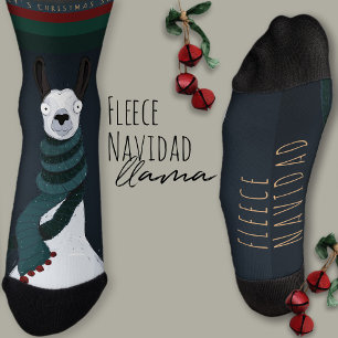 Funny Festive “Fleece Navidad” Pun Dark Blue Llama Socks