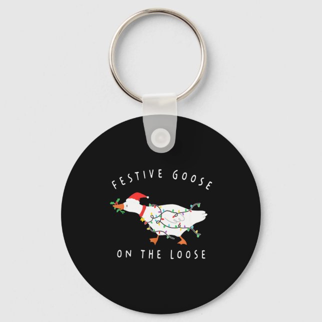 Funny Festive Goose On The Loose Christmas  Keychain (Front)