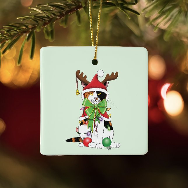 Funny Festive Green Calico Christmas Cat Ceramic Ornament (Creator Uploaded)
