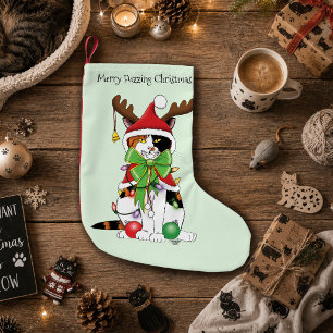 Funny Festive Green Calico Christmas Cat Small Christmas Stocking