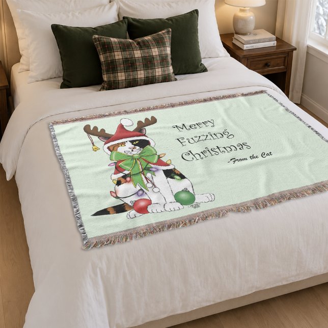 Funny Festive Green Calico Christmas Cat Throw Blanket (Creator Uploaded)