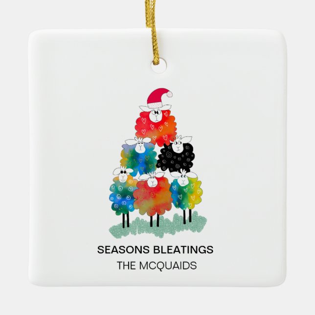 Funny & Festive Holiday Sheep Seasons Bleatings Ceramic Ornament (Front)