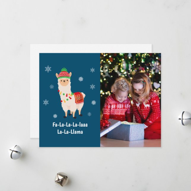 Funny Festive Llama Pun Photo Holiday Card (Front/Back In Situ)