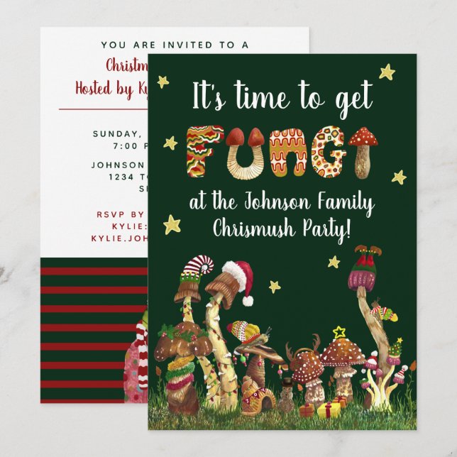 Funny Festive Mushroom Pun Family Christmas Party Invitation (Front/Back)