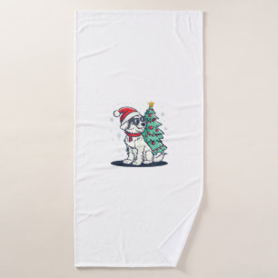 Funny Festive Sunglasses Dog with Christmas Tree C Bath Towel