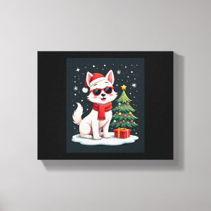 Funny Festive Sunglasses Dog with Christmas Tree C Canvas Print