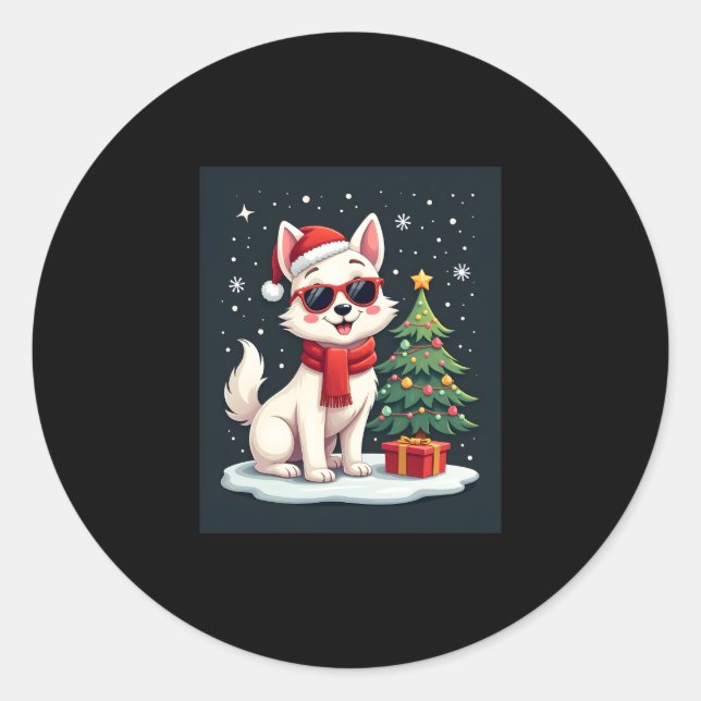 Funny Festive Sunglasses Dog with Christmas Tree C Classic Round Sticker (Front)