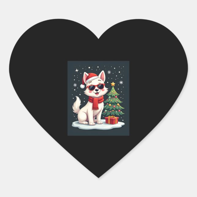 Funny Festive Sunglasses Dog with Christmas Tree C Heart Sticker (Front)