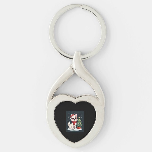 Funny Festive Sunglasses Dog with Christmas Tree C Keychain (Front)