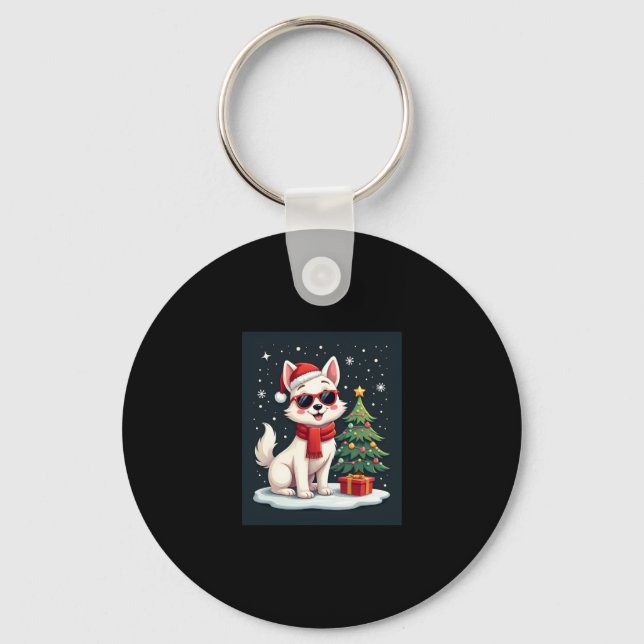 Funny Festive Sunglasses Dog with Christmas Tree C Keychain (Front)