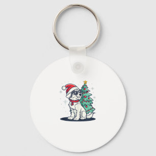 Funny Festive Sunglasses Dog with Christmas Tree C Keychain