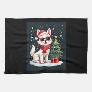 Funny Festive Sunglasses Dog with Christmas Tree C Kitchen Towel