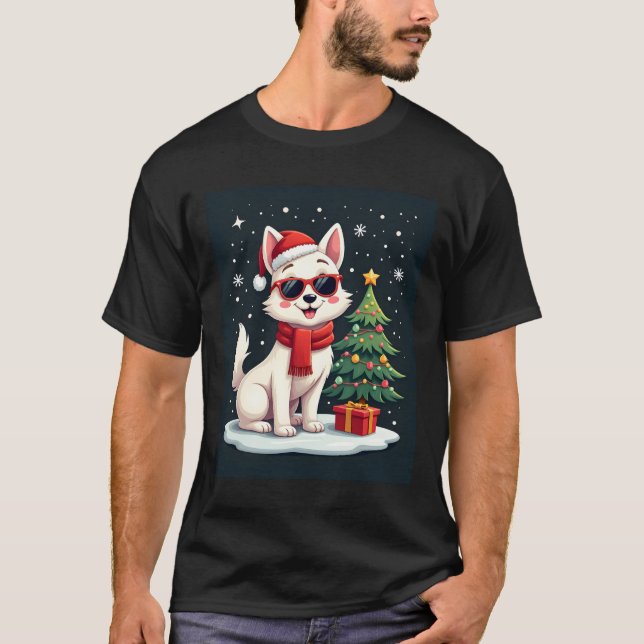 Funny Festive Sunglasses Dog with Christmas Tree C T-Shirt (Front)