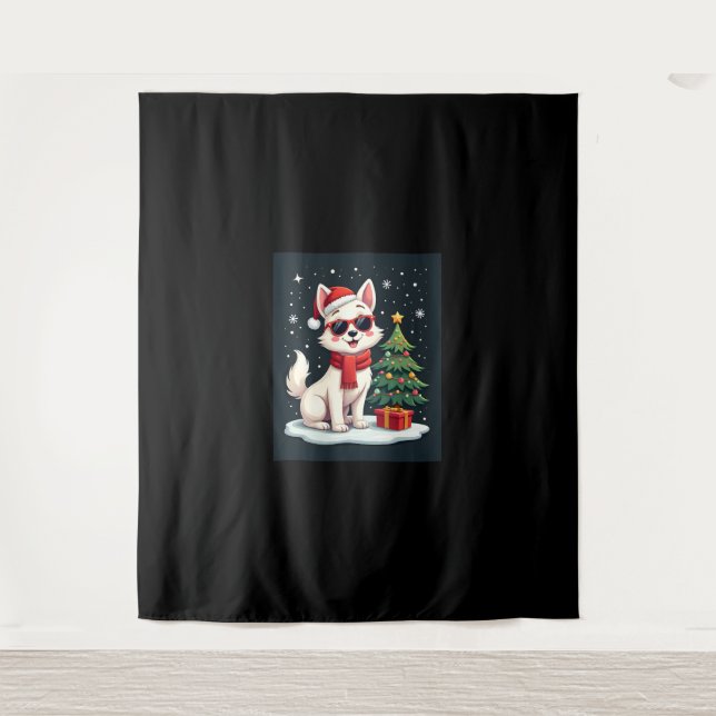 Funny Festive Sunglasses Dog with Christmas Tree C Tapestry (Front)