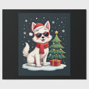 Funny Festive Sunglasses Dog with Christmas Tree C Wrapping Paper