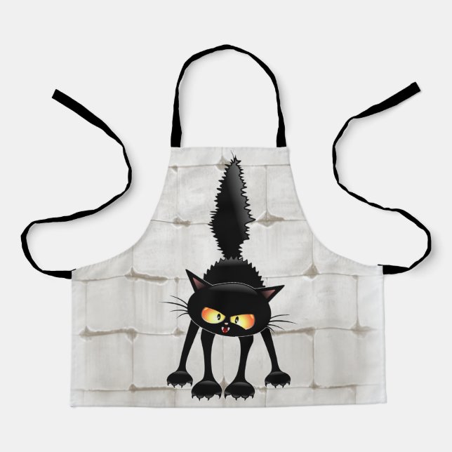Funny Fierce Black Cat Cartoon  Apron (Front)