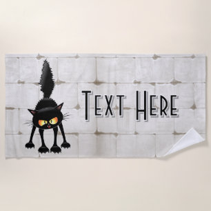Funny Fierce Black Cat Cartoon  Beach Towel