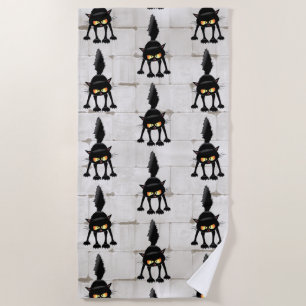 Funny Fierce Black Cat Cartoon  Beach Towel