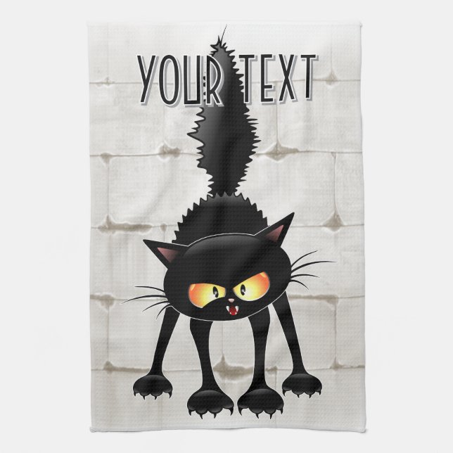 Funny Fierce Black Cat Cartoon  Kitchen Towel (Vertical)