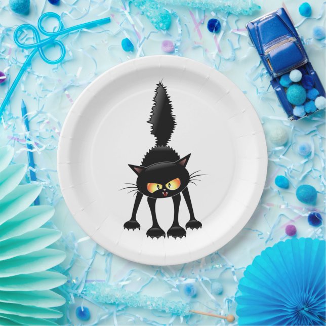Funny Fierce Black Cat Cartoon  Paper Plate (Party)