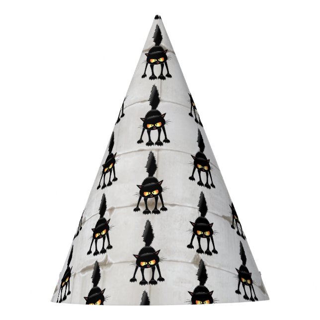 Funny Fierce Black Cat Cartoon  Party Hat (Front)