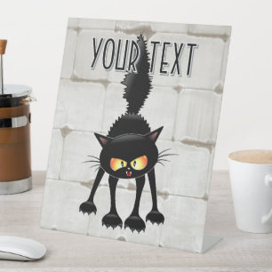 Funny Fierce Black Cat Cartoon  Pedestal Sign