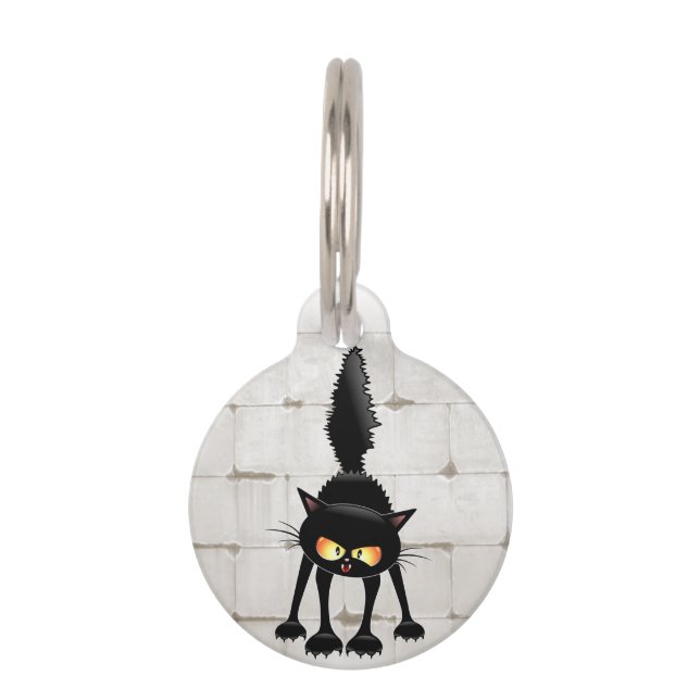 Funny Fierce Black Cat Cartoon  Pet Tag (Front)