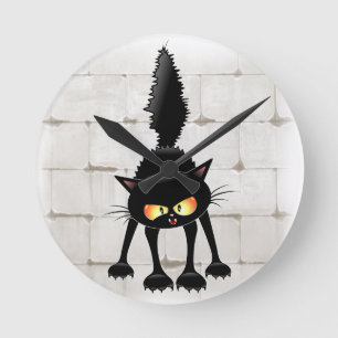 Funny Fierce Black Cat Cartoon  Round Clock