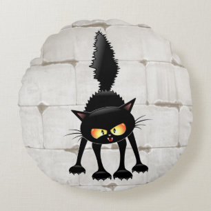 Funny Fierce Black Cat Cartoon Round Pillow