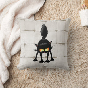 Funny Fierce Black Cat Cartoon Throw Pillow