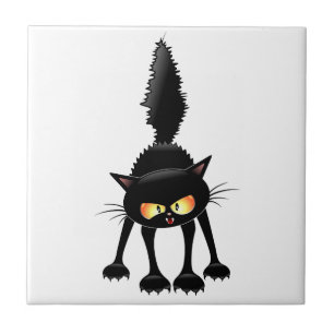Funny Fierce Black Cat Cartoon Tile