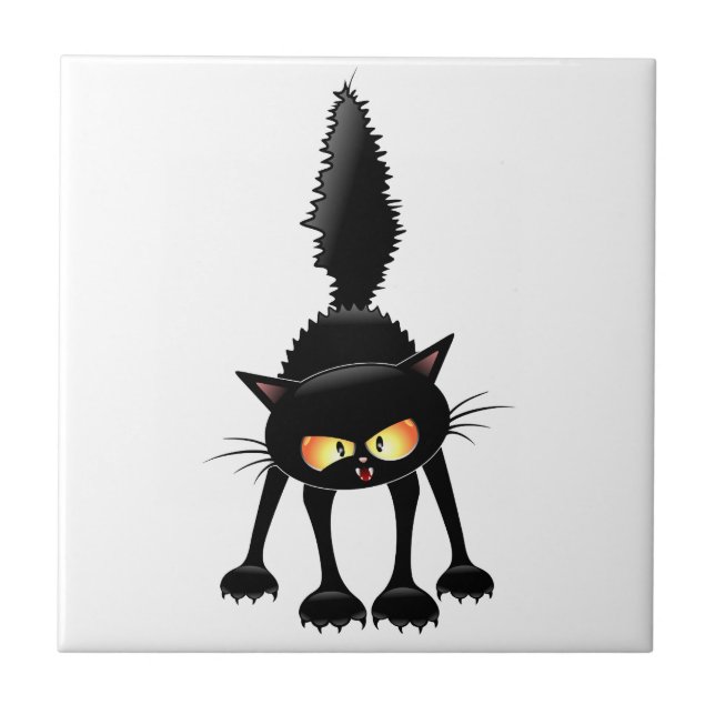 Funny Fierce Black Cat Cartoon  Tile (Front)