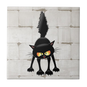 Funny Fierce Black Cat Cartoon Tile
